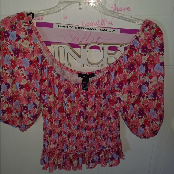 Forever 21 Tops - Forever 21 Smocked Puff Sleeve Blouse in Red and Pink